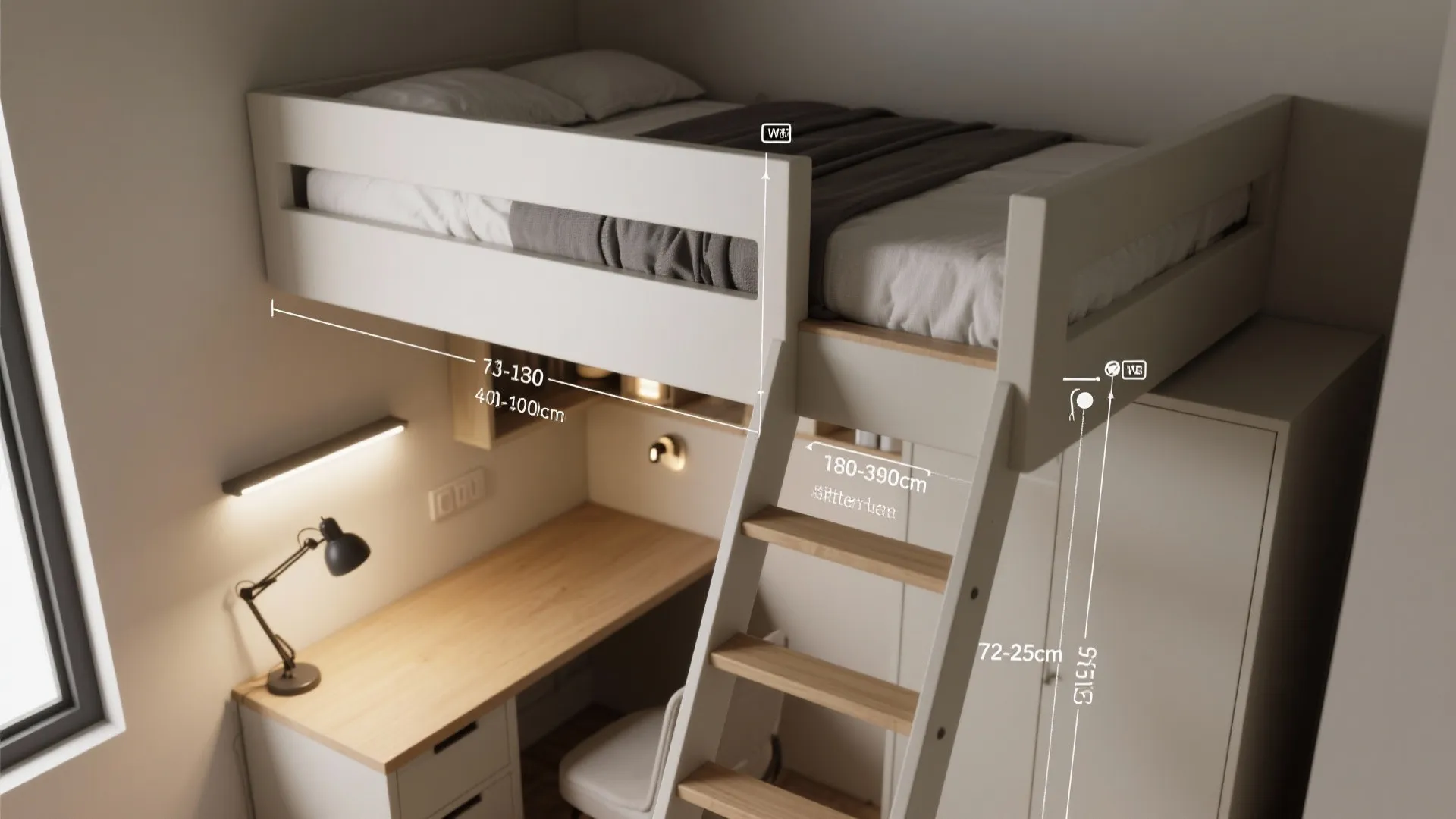 Top-down safety diagram showing loft bed clearances and layered lighting in a small room.