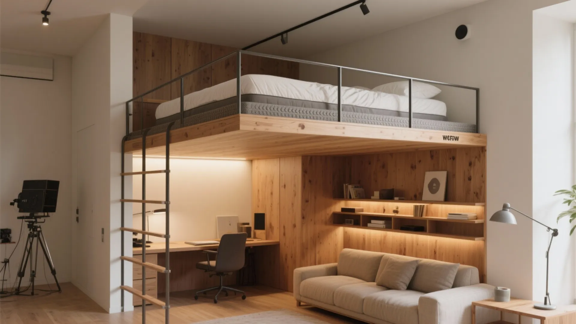 Studio showing a lofted sleep platform with ladder, guardrail, and a usable lounge/desk area below.