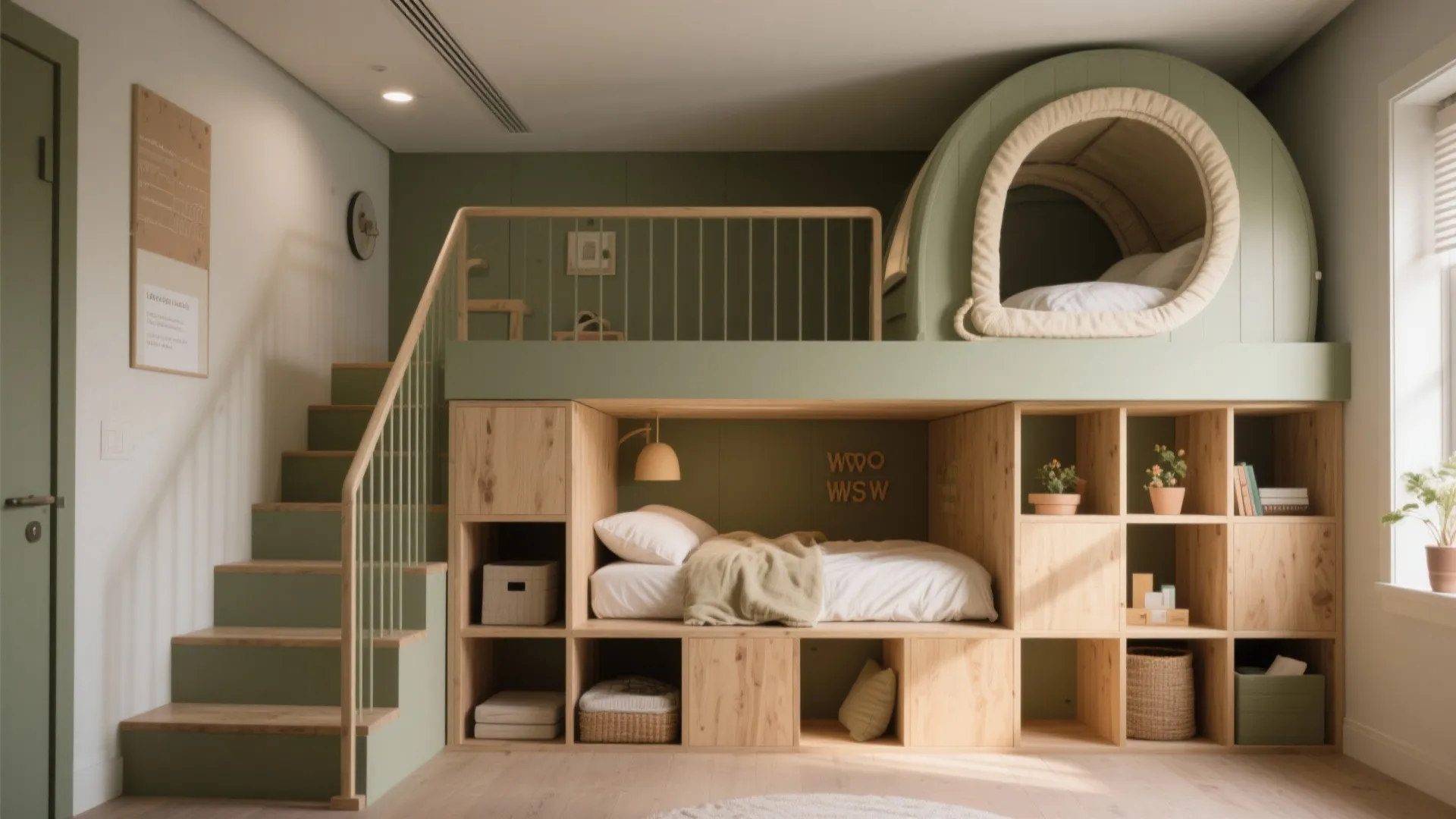 Compact elevated loft bed with a cozy sleep pod underneath and cube storage stairs.