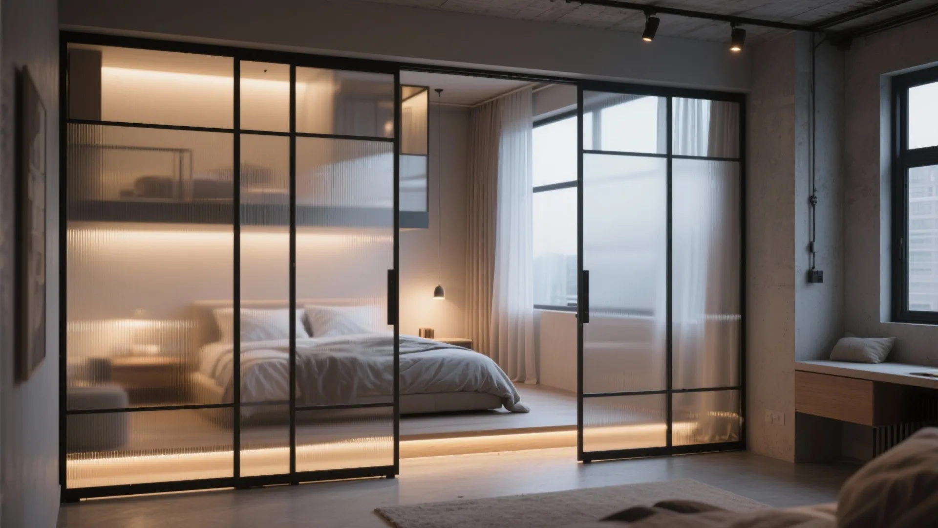 Modern bedroom with glass sliding doors warm lights white bed and large window with curtains