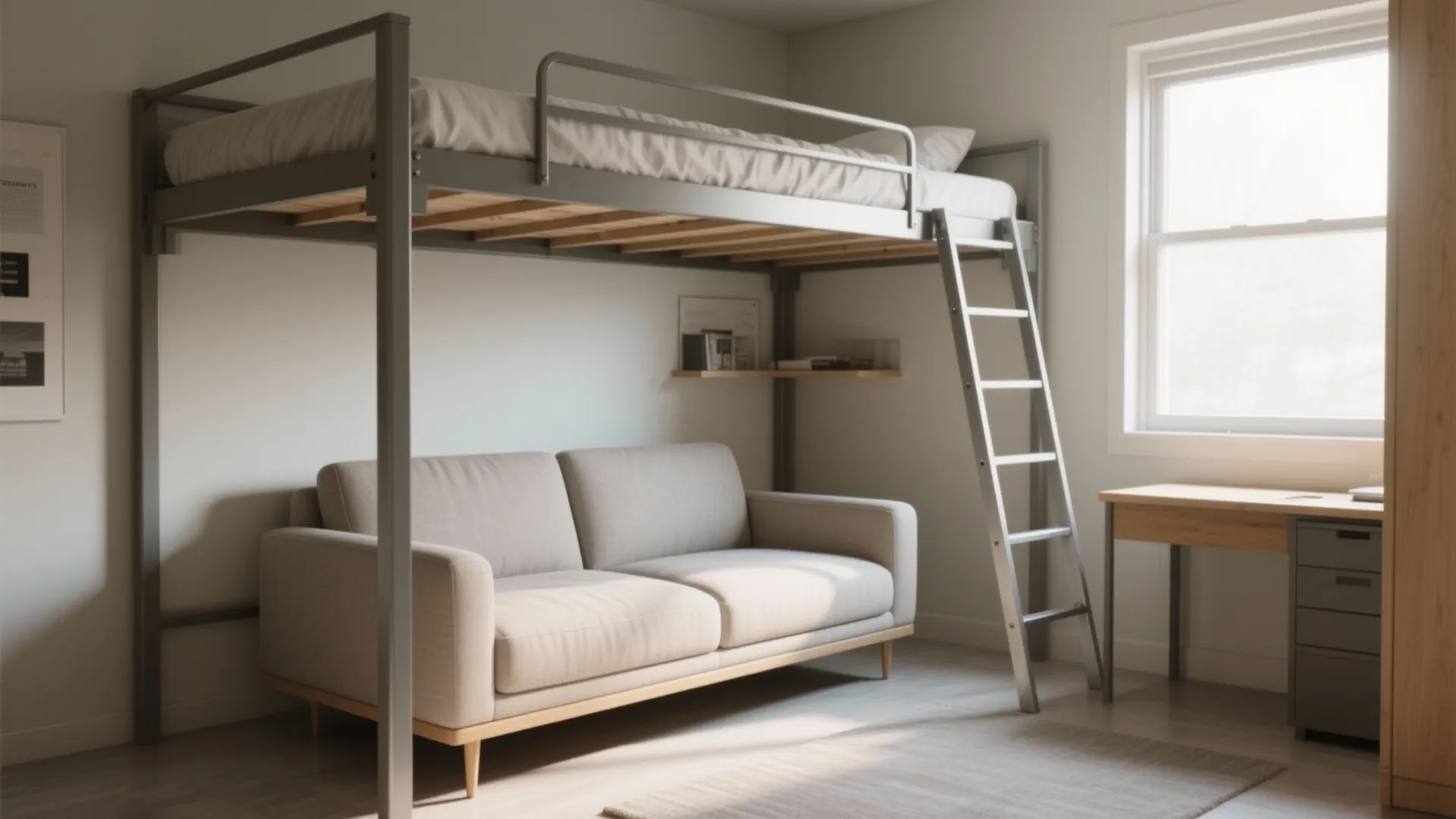 Loft bed with a slim two-seater sofa placed underneath in a dorm room
