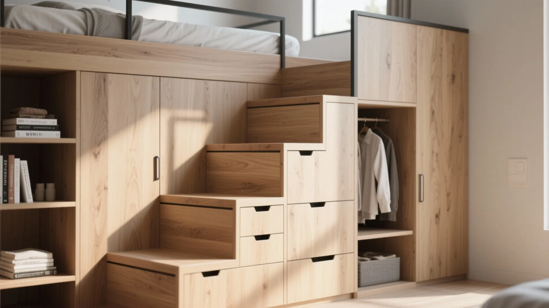 1. Loft bed with integrated storage
