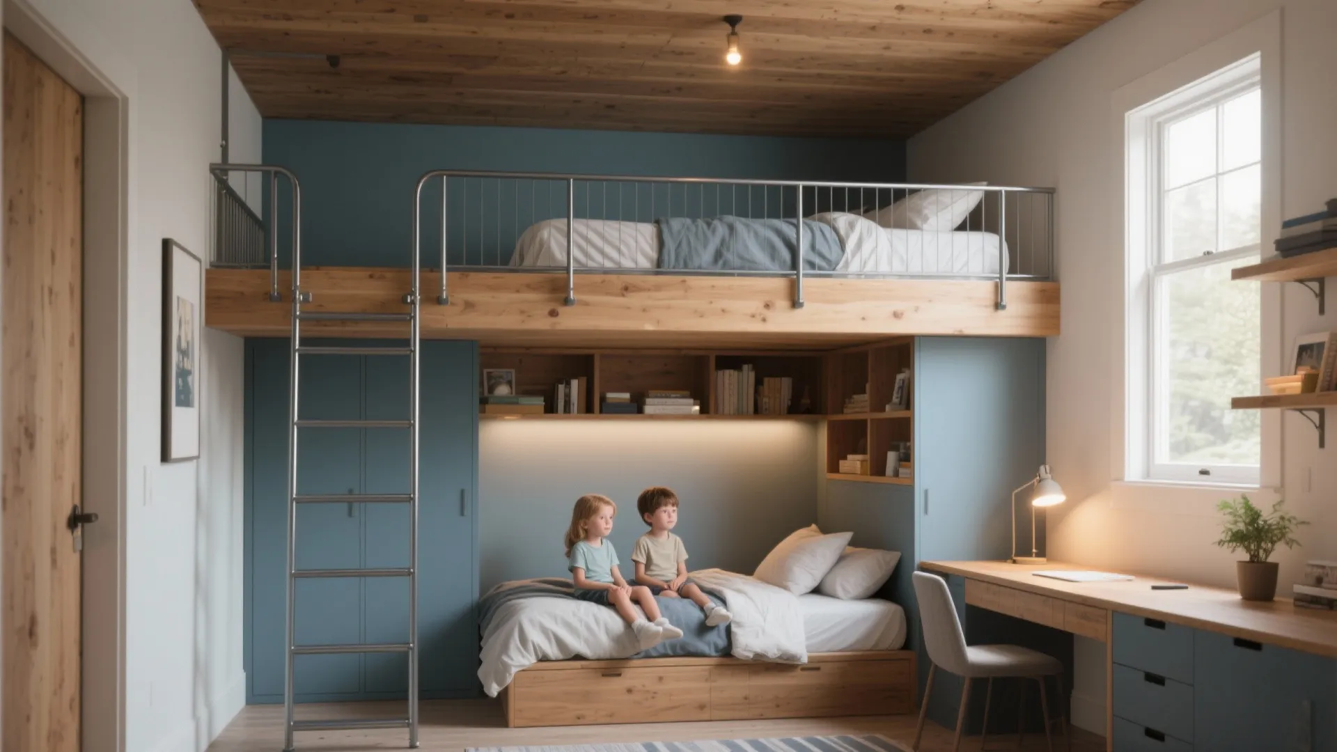 Kids bedroom featuring wooden loft bed with ladder desk wall light and two children sitting down