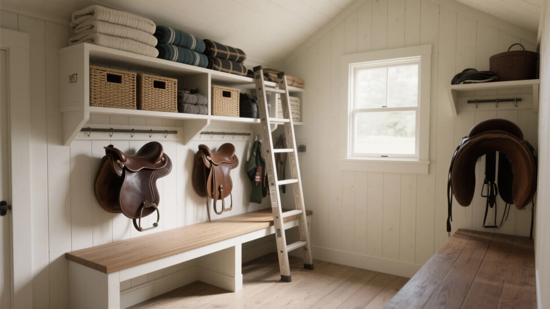 Bright white tack room with high shelves for blankets and a ladder for reaching storage areas