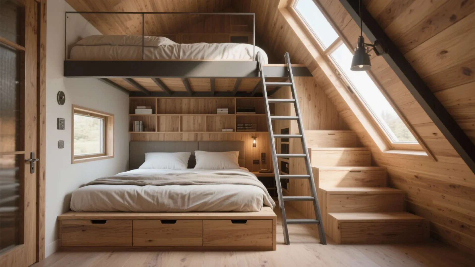 Wooden loft bedroom with bunk beds built in storage ladder stairs and a bright window