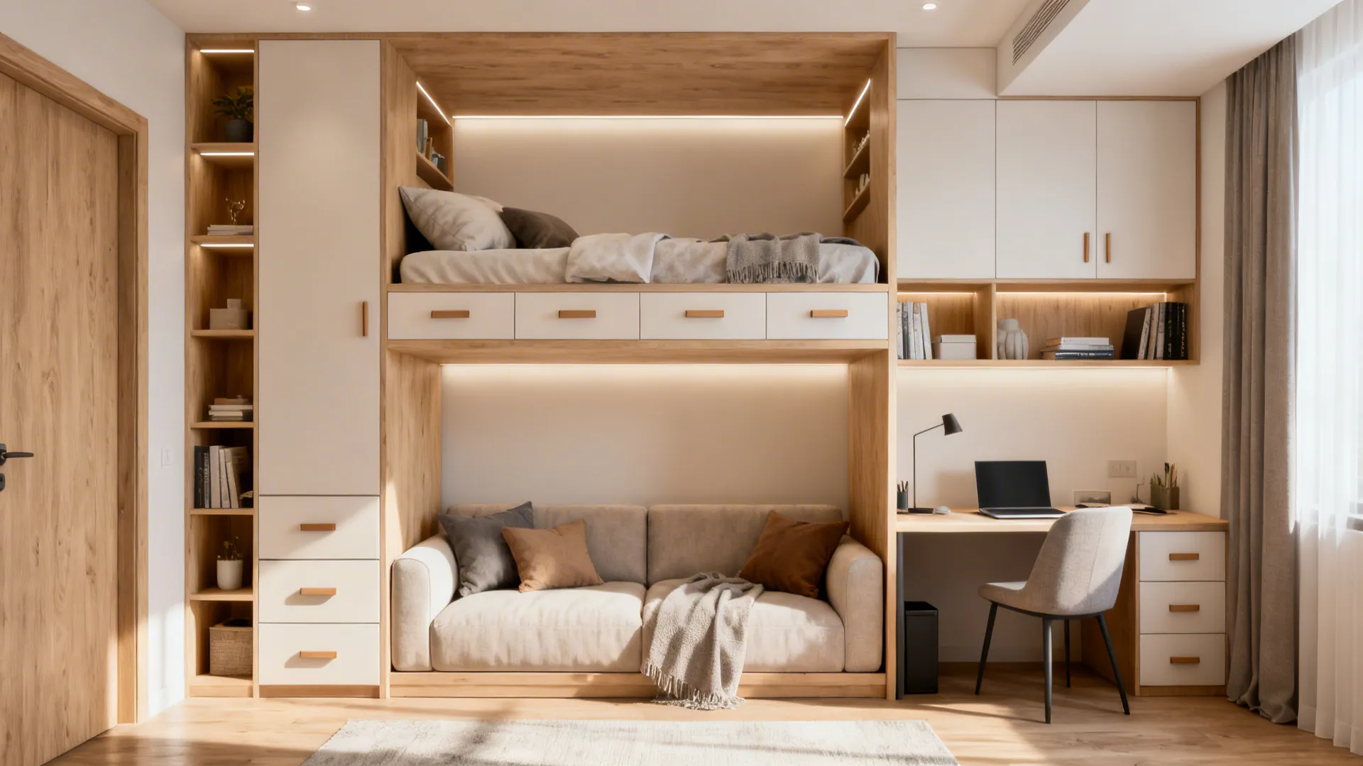 Loft bed with built-in drawers and shelves, sofa and workspace underneath.