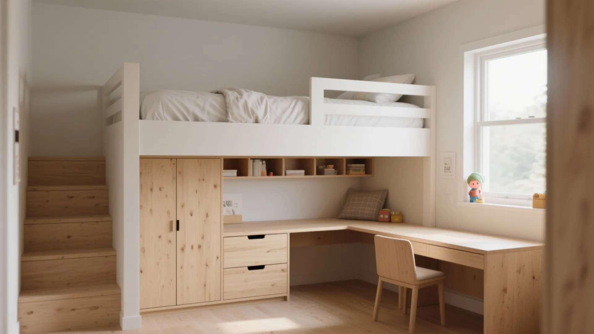 Modern white loft bed with wooden stairs integrated storage cabinet desk chair and large bright window