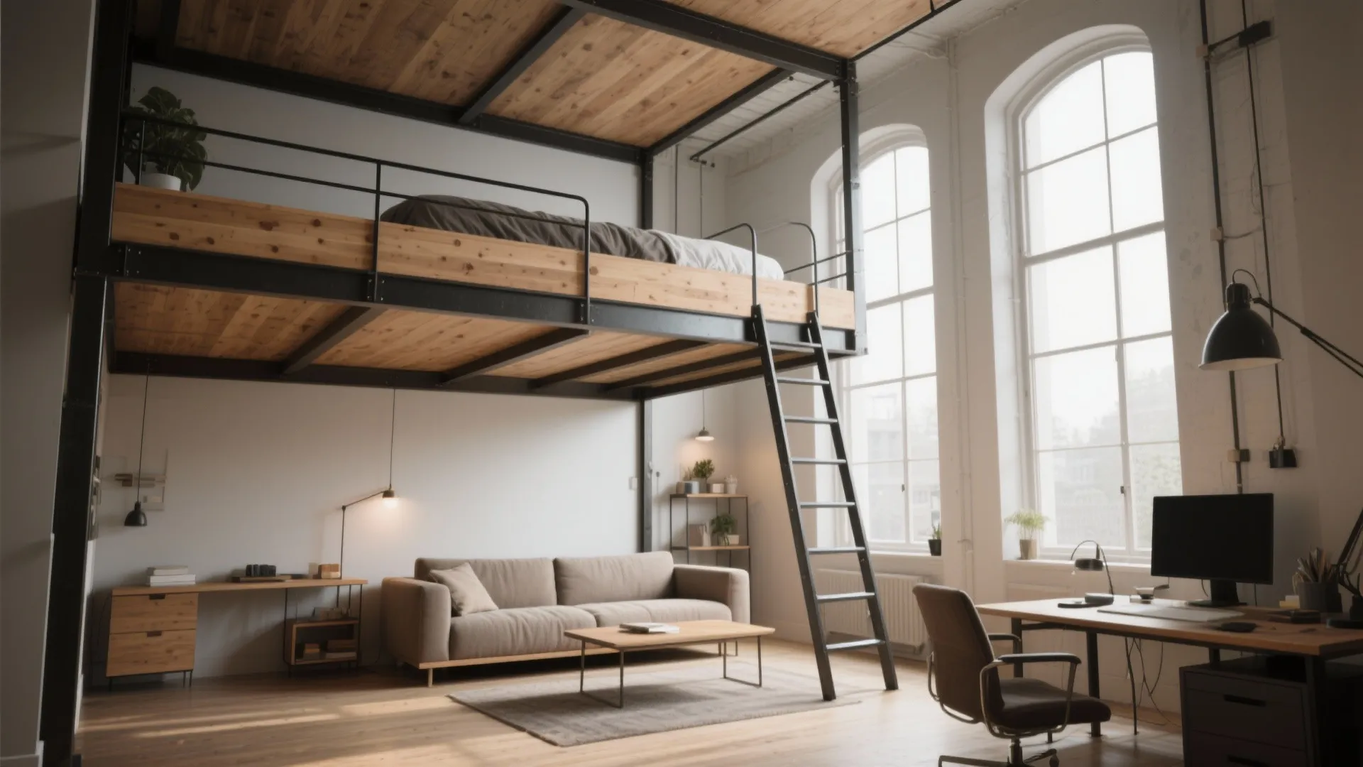 Industrial loft studio with high ceilings large windows wooden mezzanine bed sofa and a home office