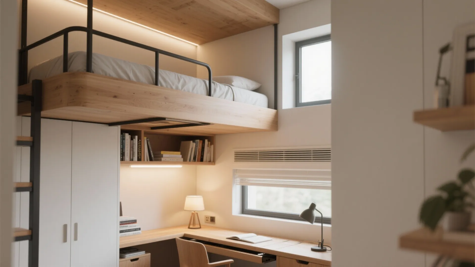 2. Lofted Bunk Above a Study Nook