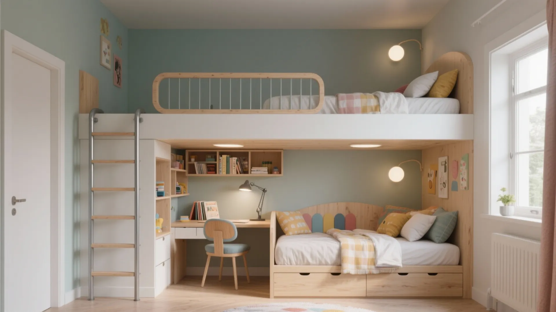 Kids bedroom with a bunk bed featuring a study desk area and wall light fixtures