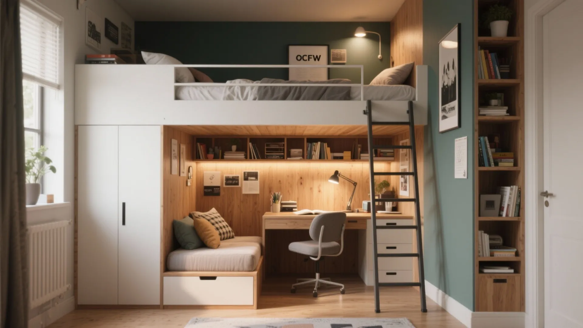 Modern loft bed design featuring a wooden desk workspace underneath with shelving and white wardrobe