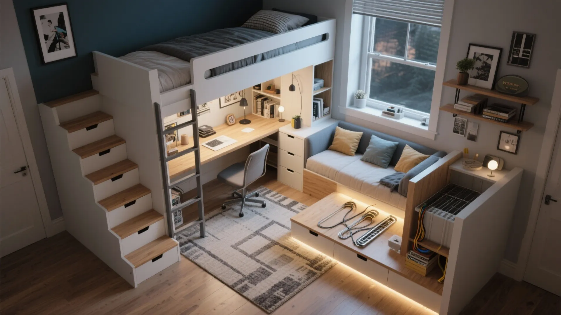 Loft Bed + L-Shaped Desk to Unlock Floor Space