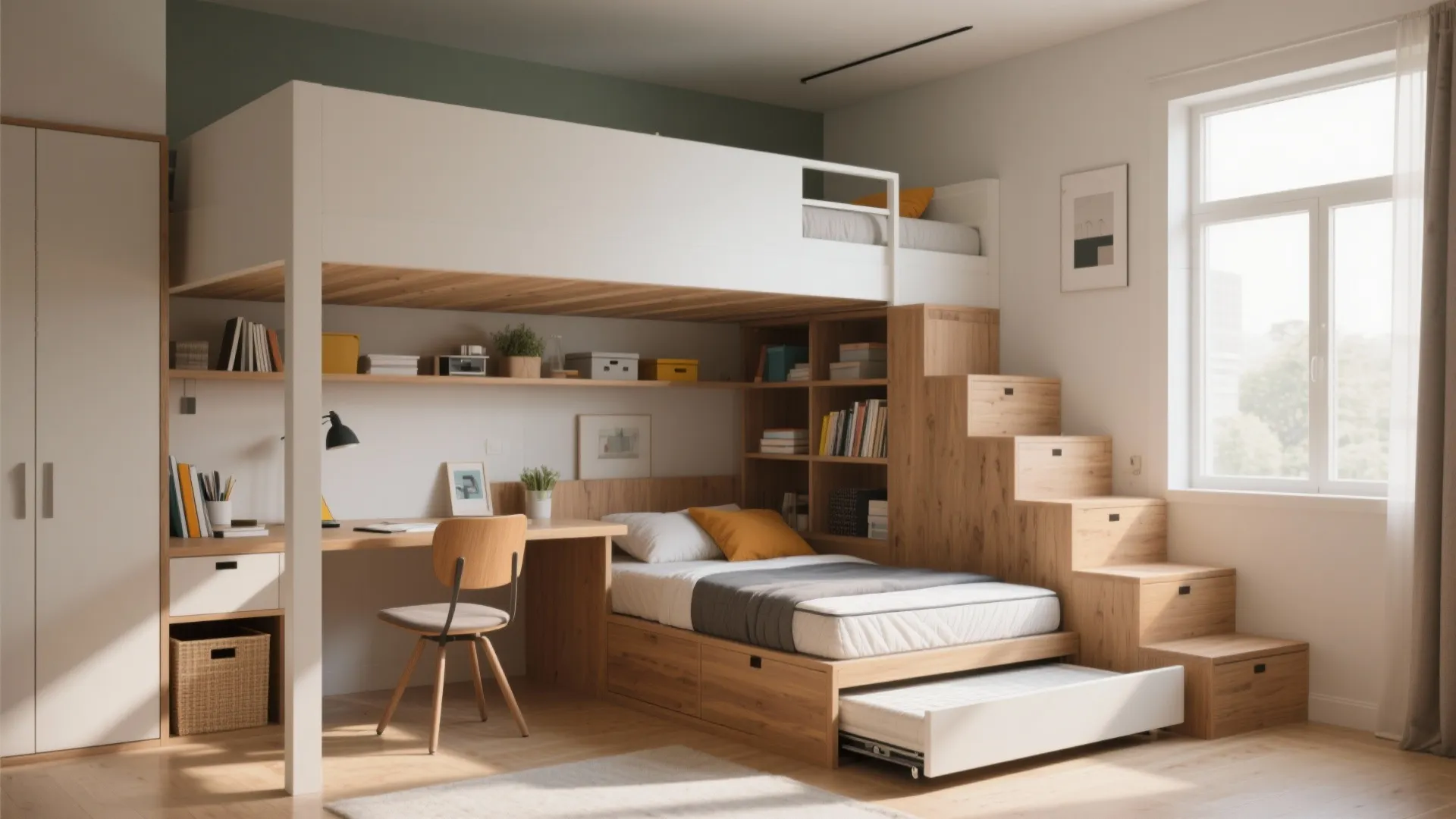 Modern white loft bed with built-in desk bookshelves wooden stairs pull-out bed and bright window
