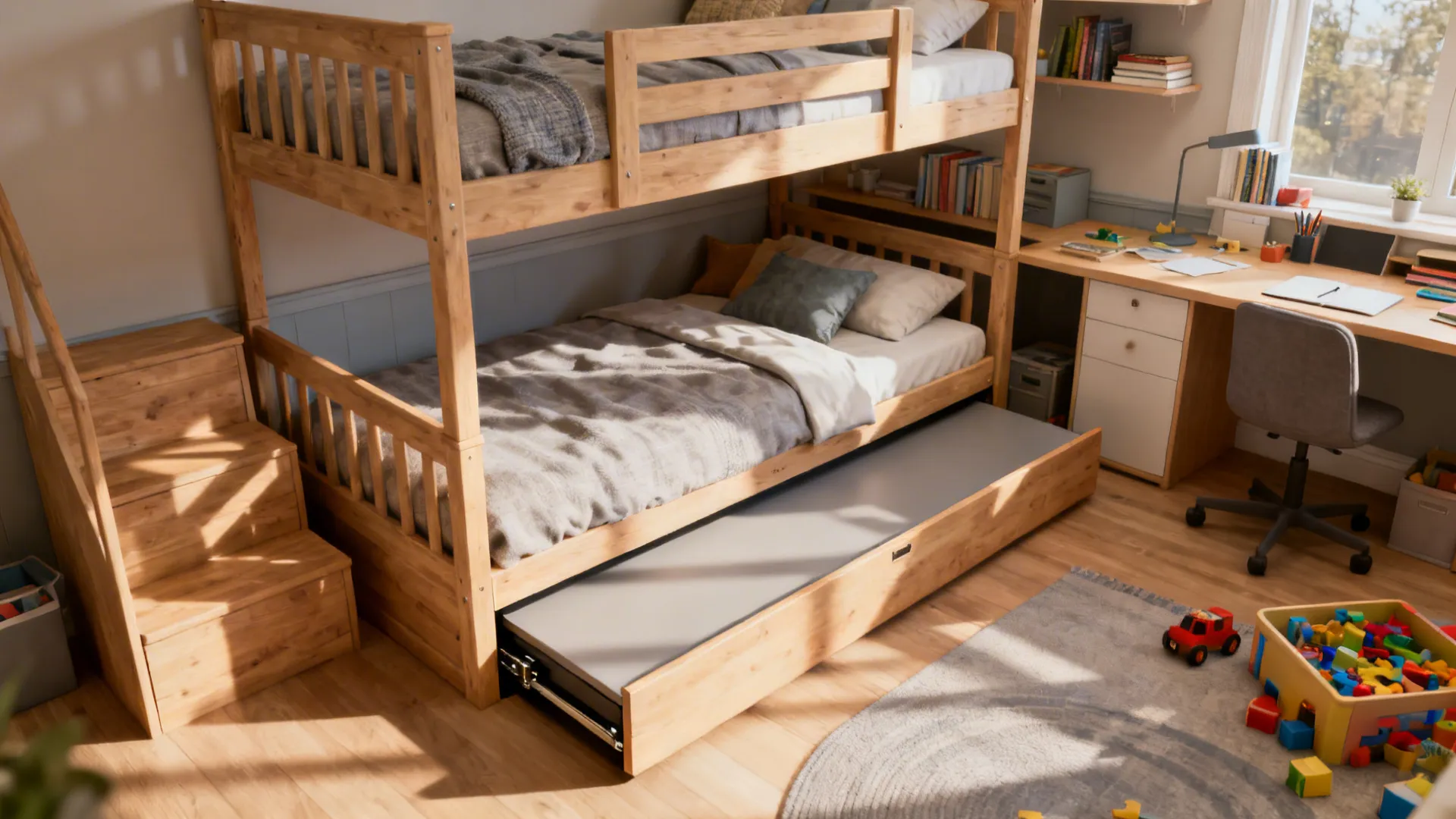 Wooden bunk bed with pull out trundle bed stairs study desk chair and kids toys