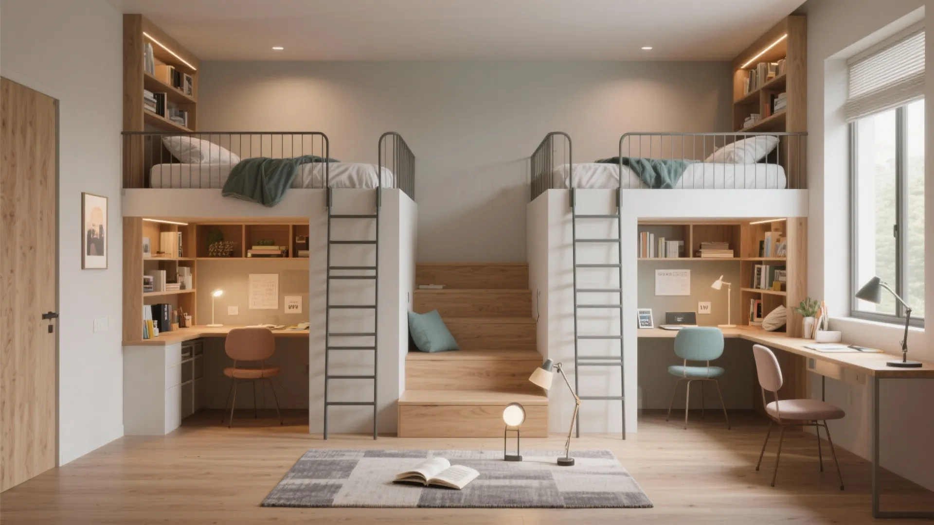 Youth bedroom with twin lofts and study nooks underneath, ladders, desks and organized shelving for vertical living.
