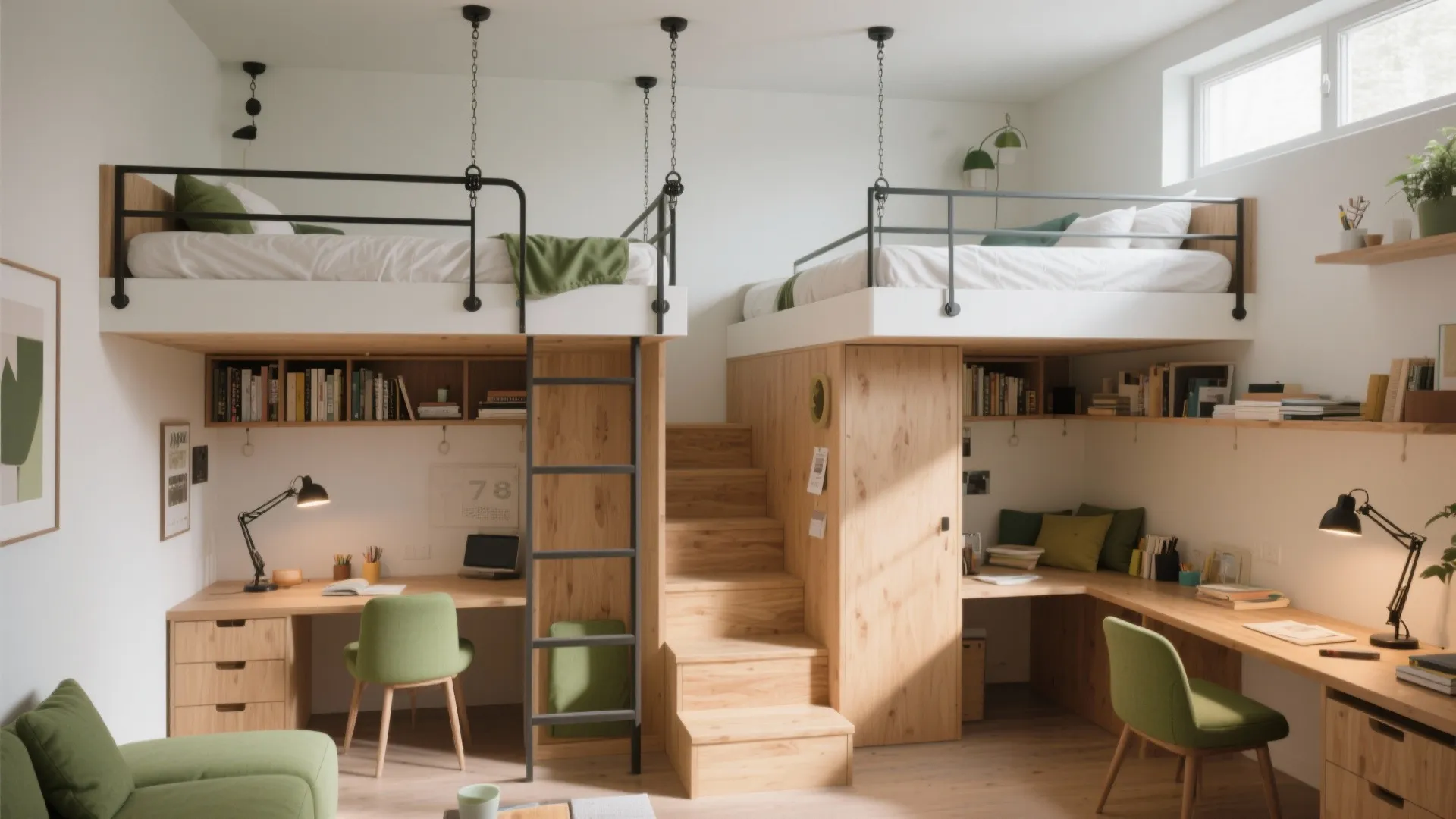 2. Loft beds with living or study zones underneath