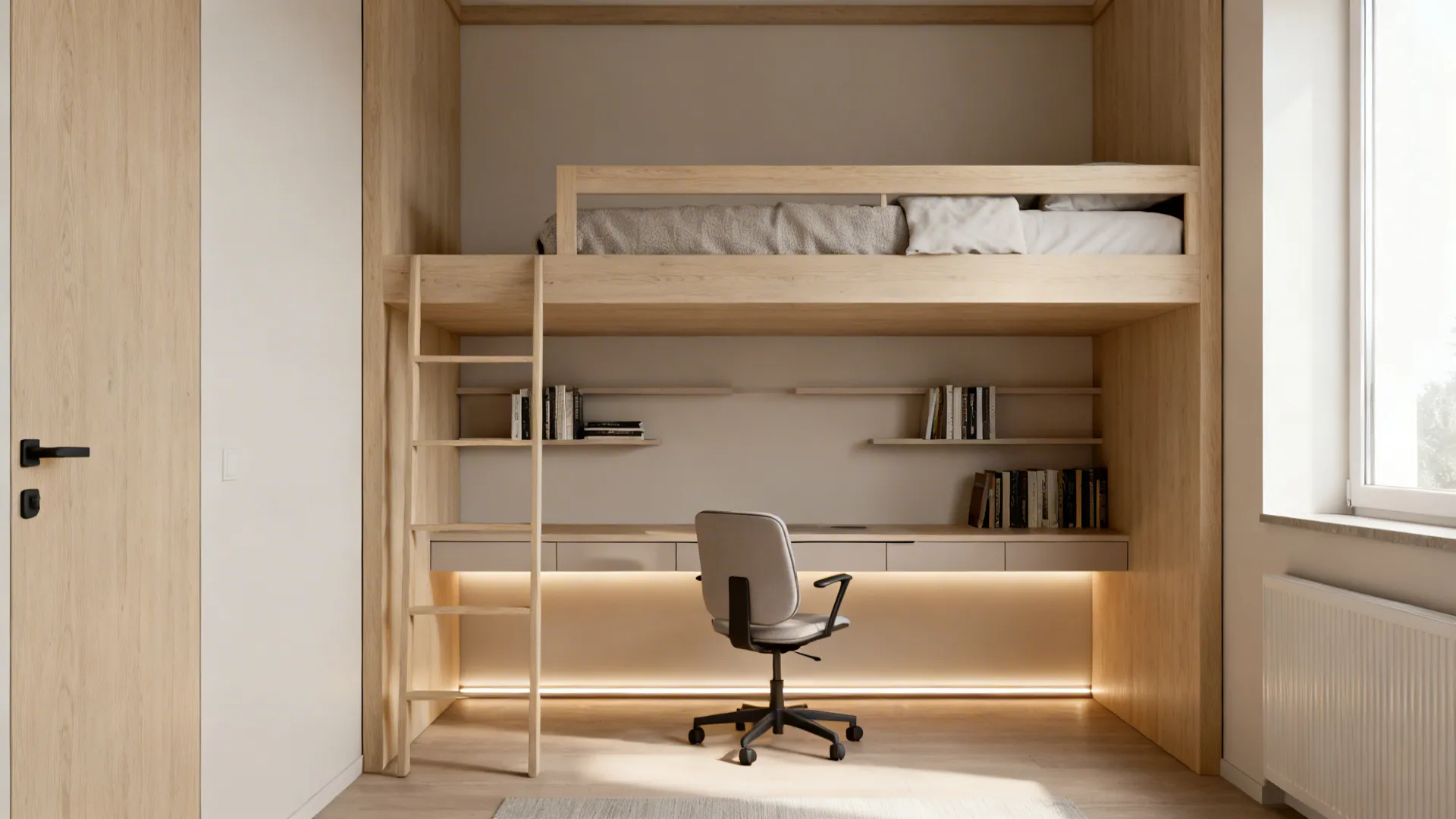 1. Lofted Bed with Under-Desk Zone