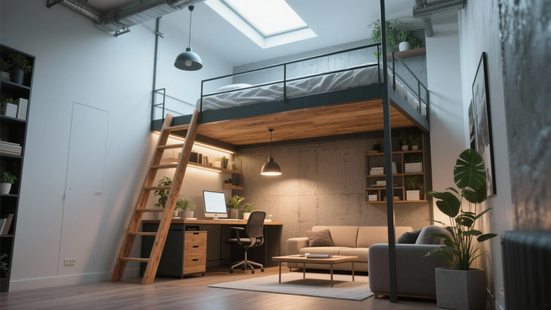 Modern loft bedroom with wooden ladder leading to bed and home office workspace underneath desk area