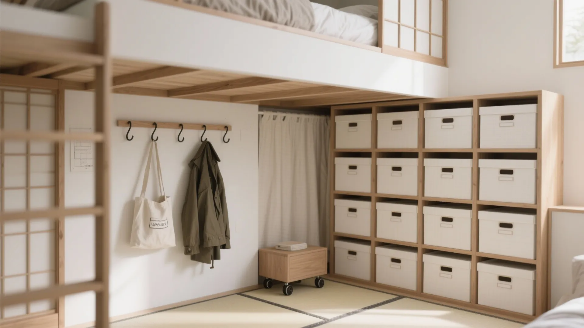 Tips 2: 収納技巧をロフト下に集約し、日常の散らかりを予防