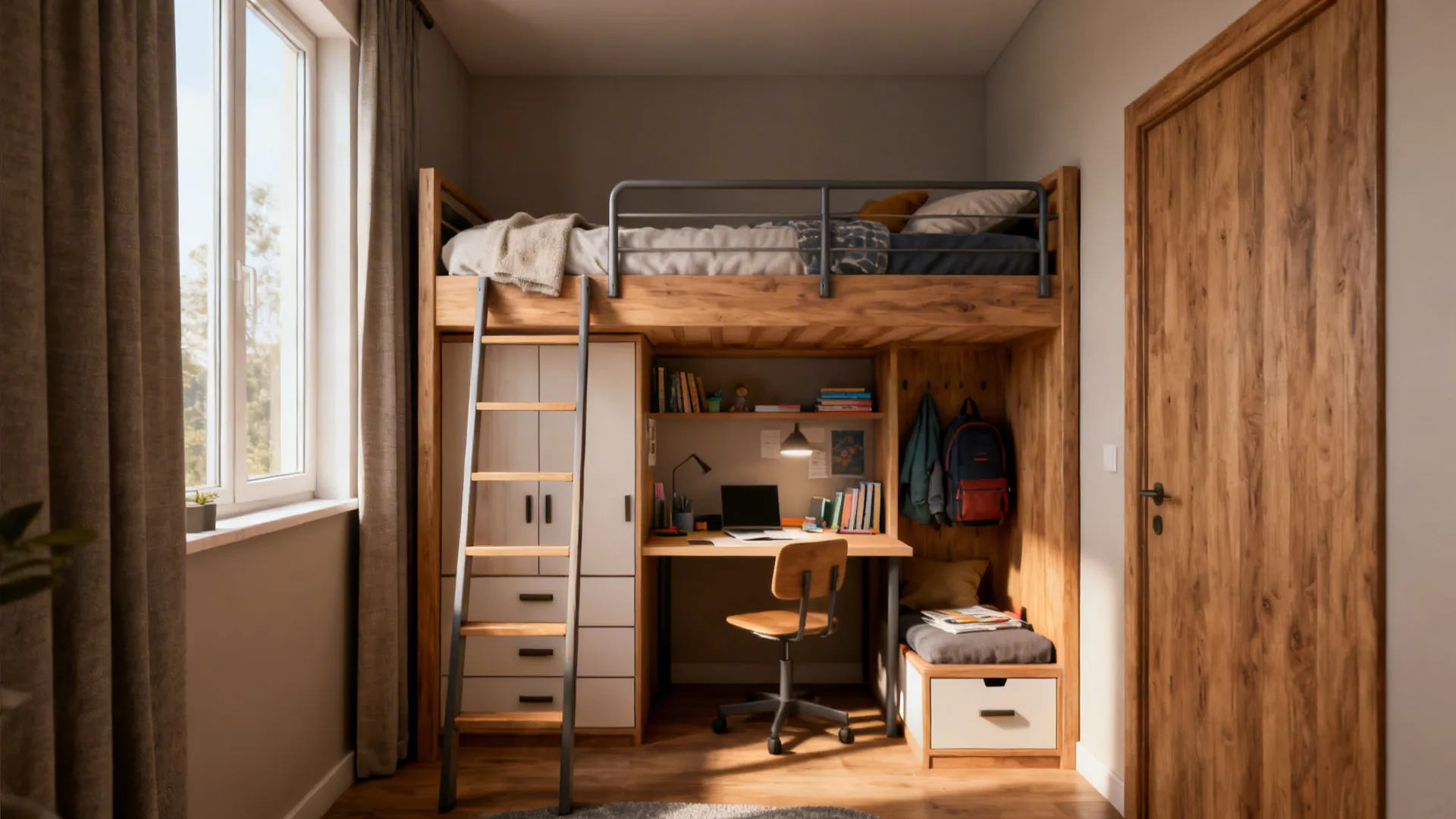 Loft-style twin bed with desk and storage underneath in a small bedroom