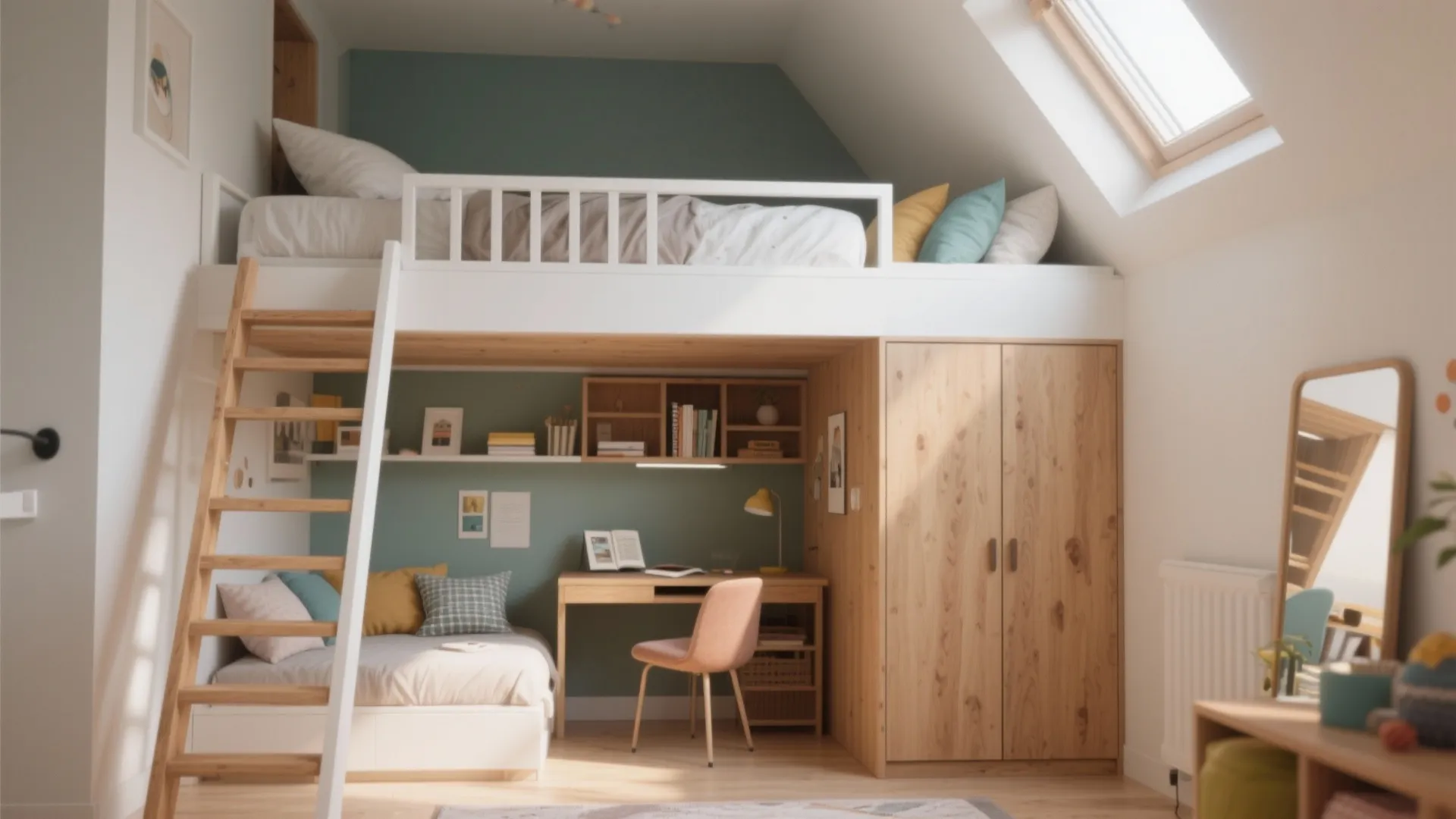 White loft bed with ladder above a desk chair cabinet and a small sofa bed