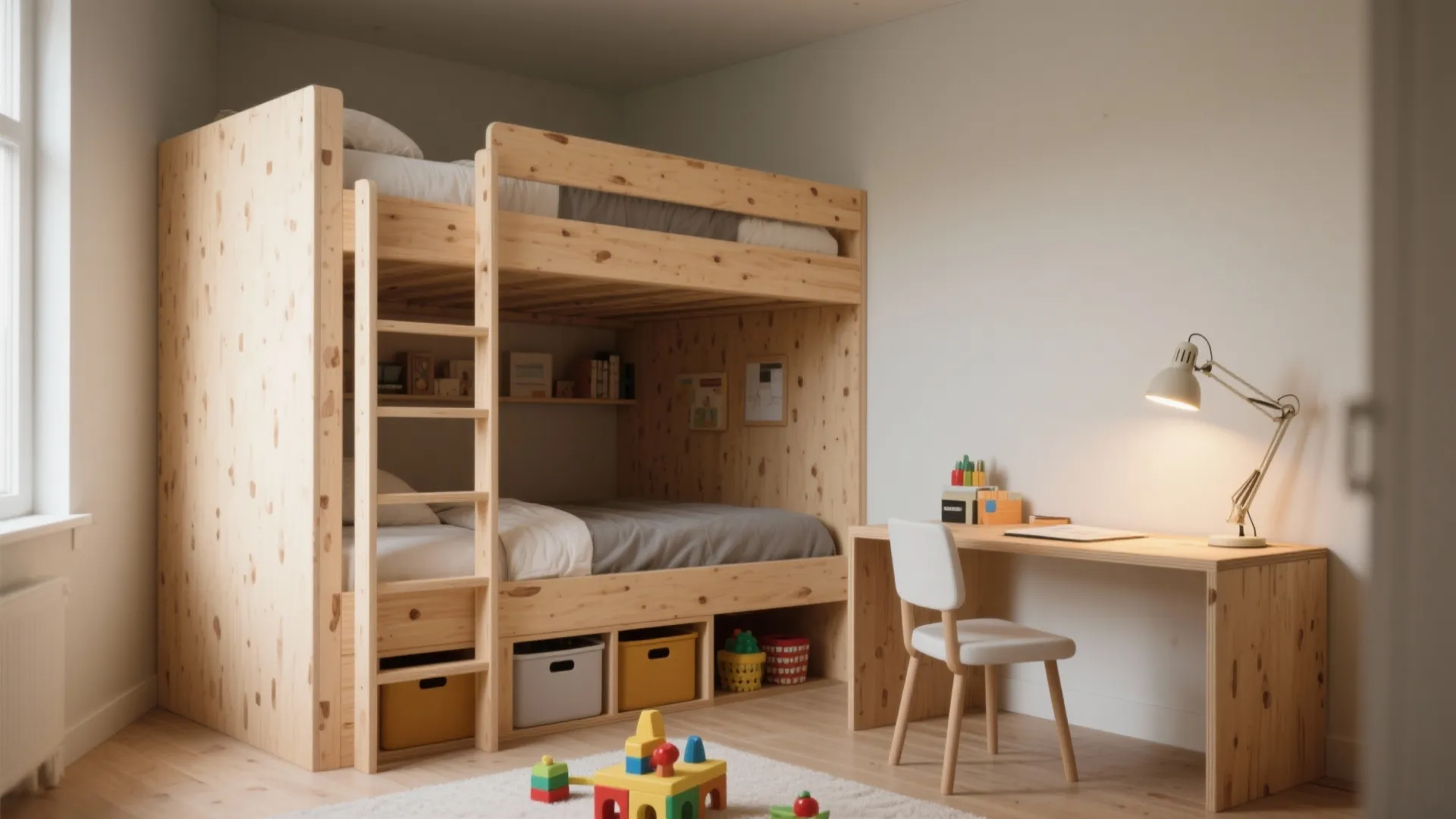 Wooden bunk bed in a kids room with a desk chair and bright desk lamp