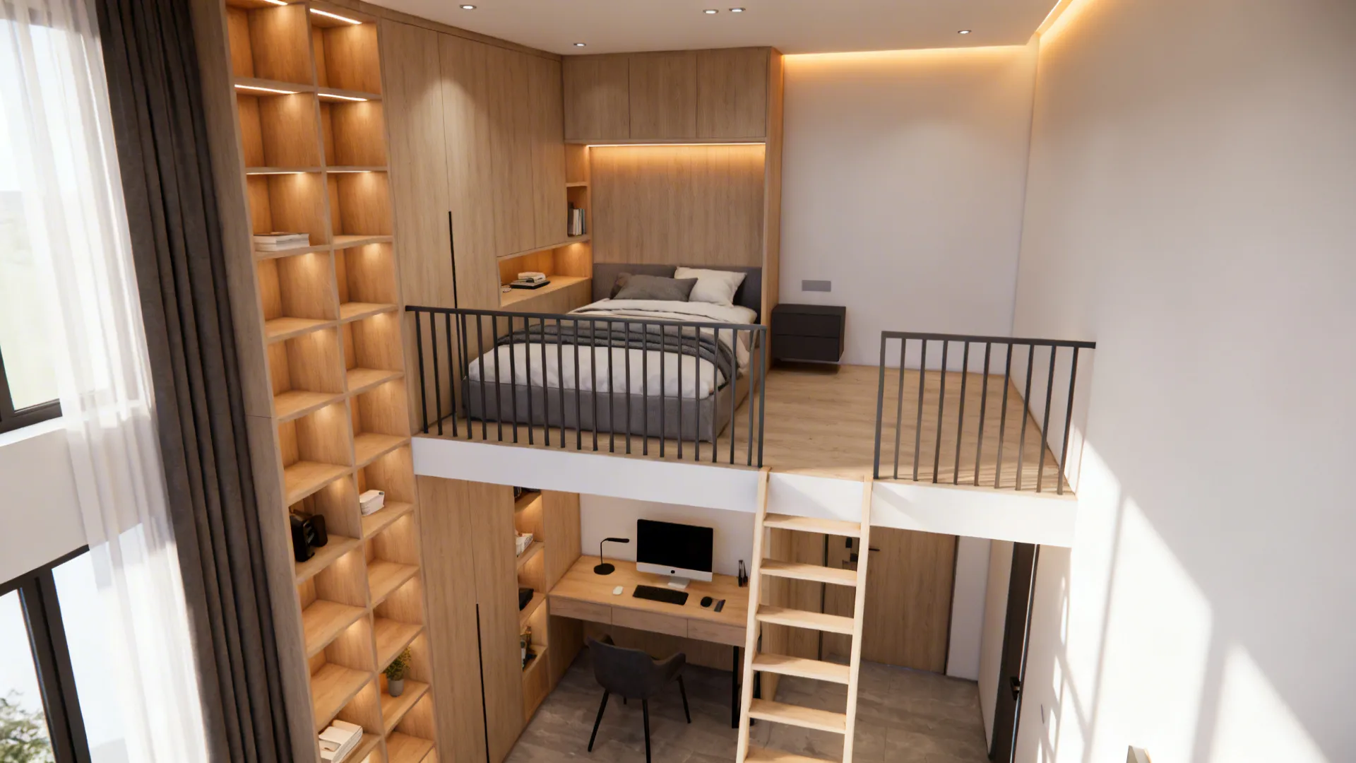 Top-down view of a small bedroom with a modest lofted bed, ladder, and tall shelving maximizing vertical space.