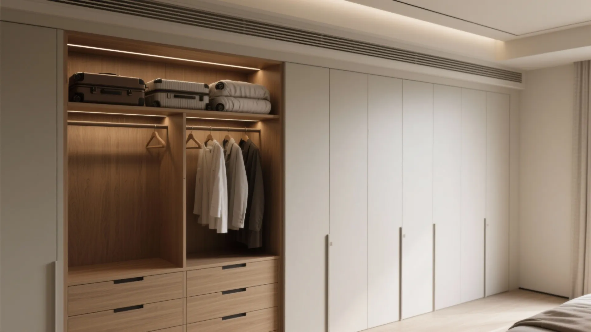 2) Ceiling-high built-ins with a “loft” band