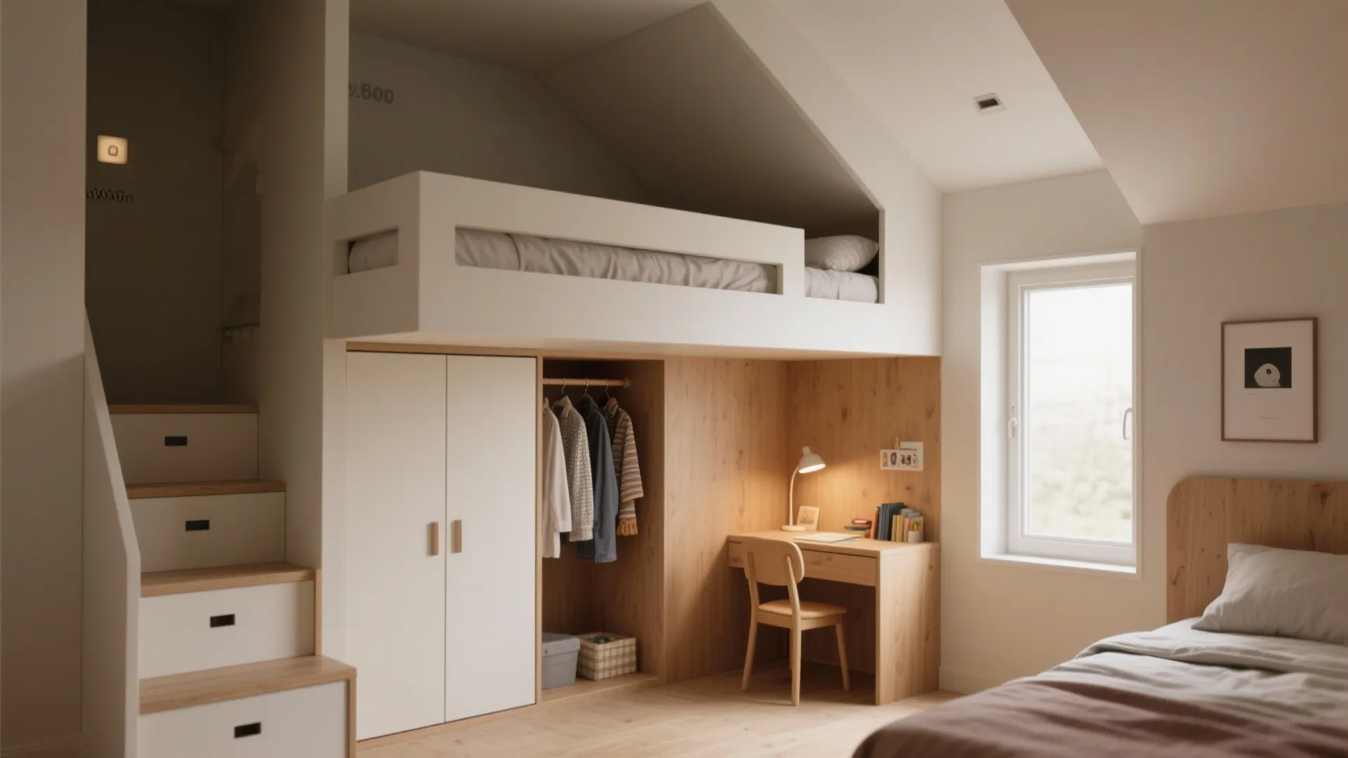 Lofted top bunk with a wardrobe niche and a small study nook beneath in a warm wood small bedroom.