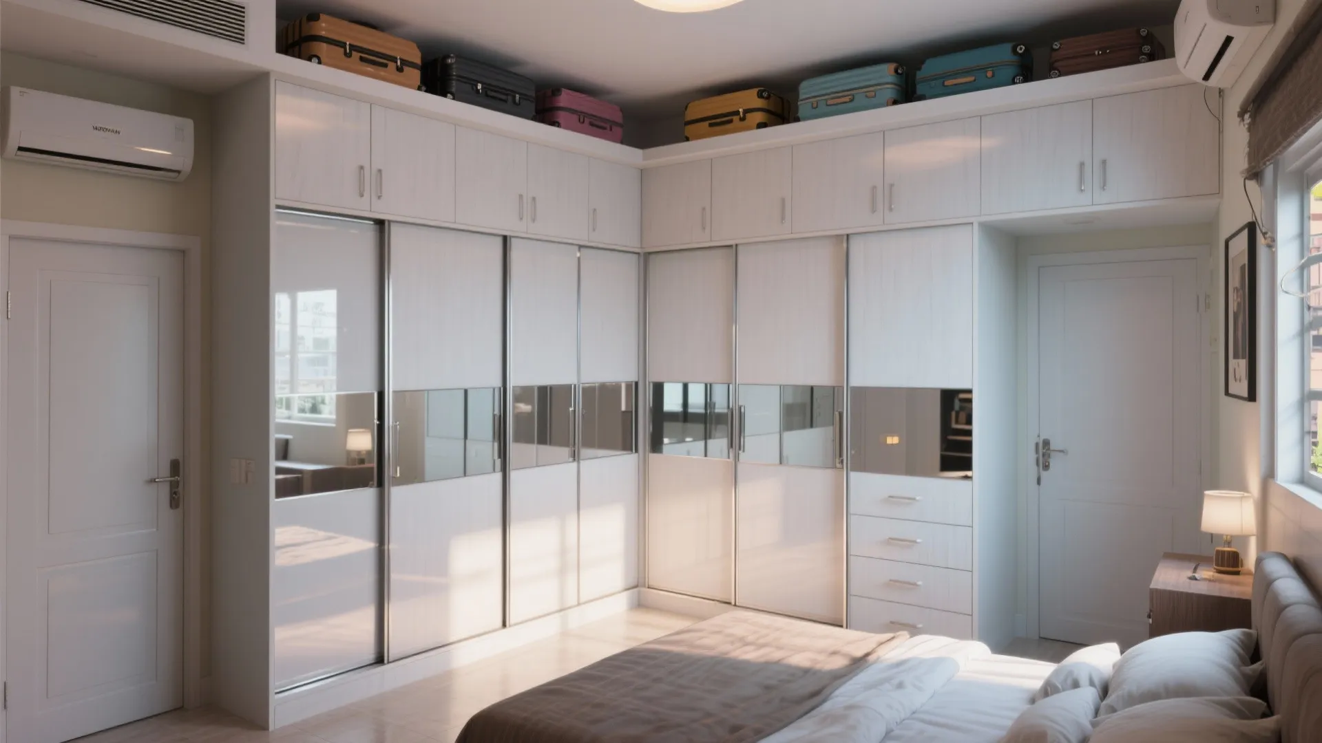 White l-shaped cabinet in bedroom with sliding mirror doors suitcases on top and a white bed