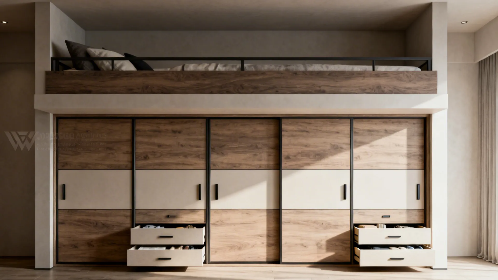 Loft bed built above a floor-to-ceiling wardrobe with sliding doors and drawers.