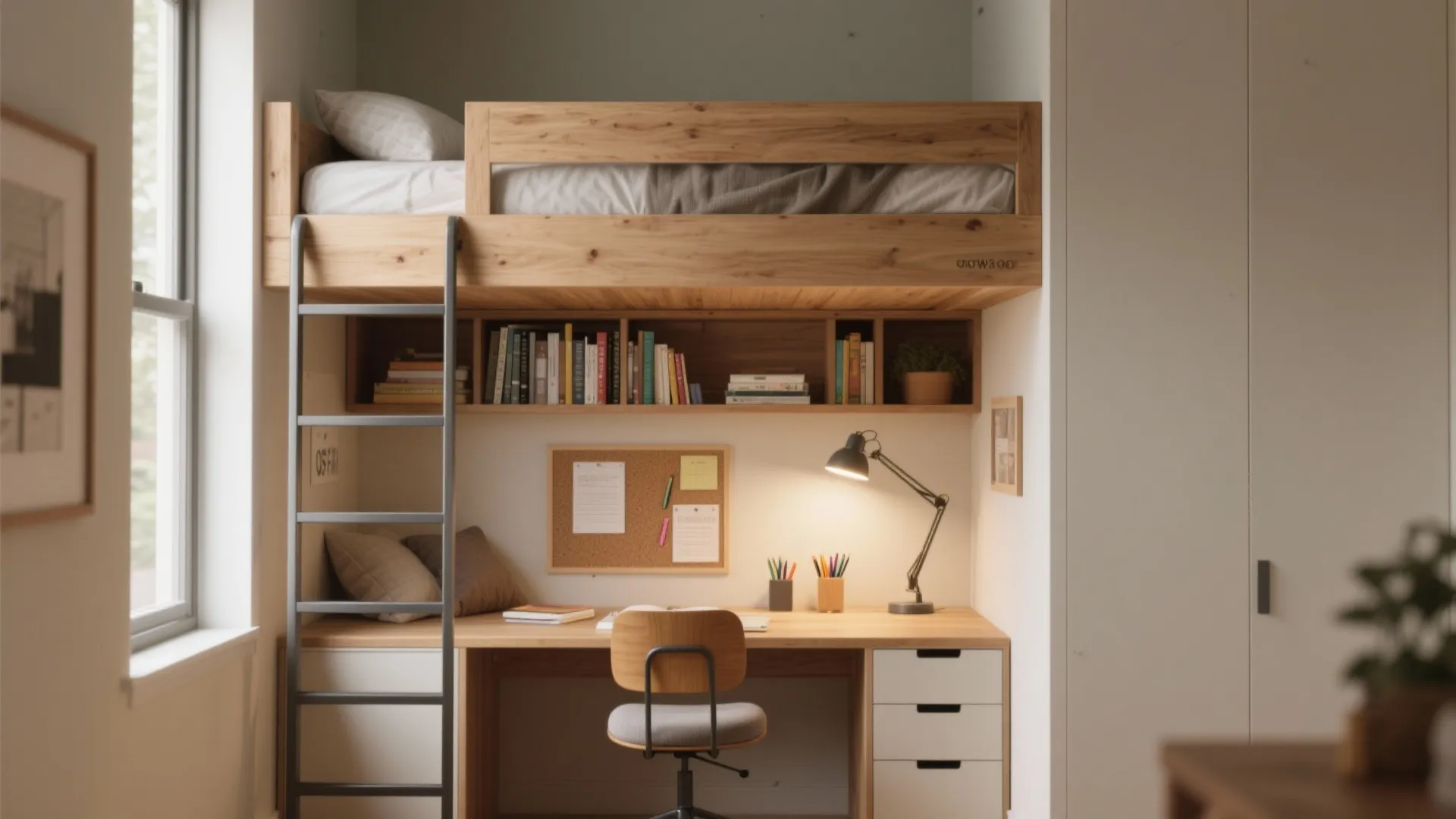 Modern loft bed with wooden frame over study desk featuring bookshelf and desk lamp setup