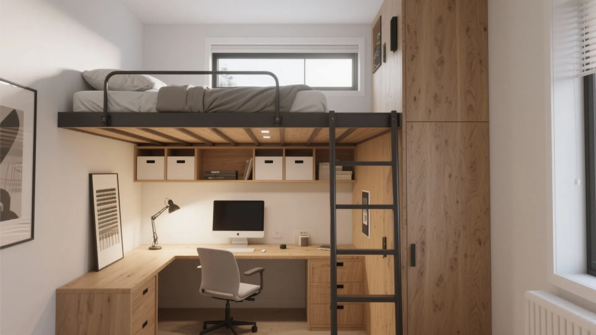 3. Lofted Foldable Bed Over Work Nook