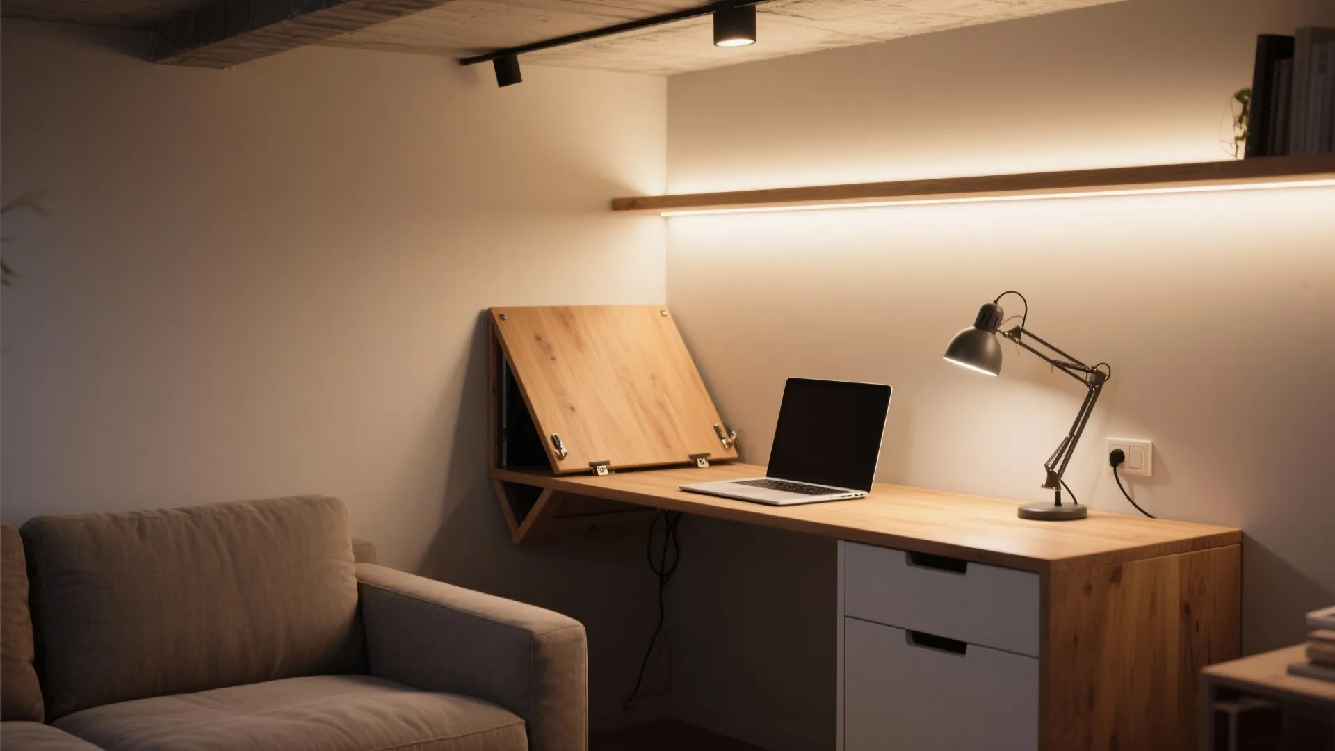 Layered lighting and a tuck-away work nook