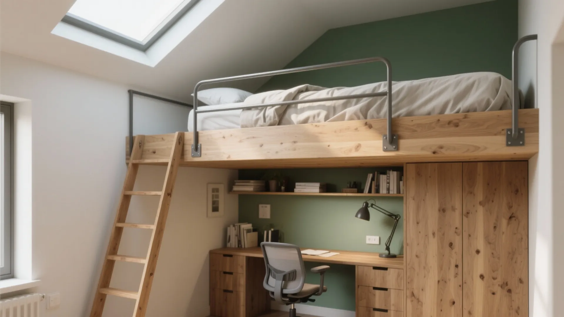Wooden loft bed with ladder above home office desk and chair under bright roof window