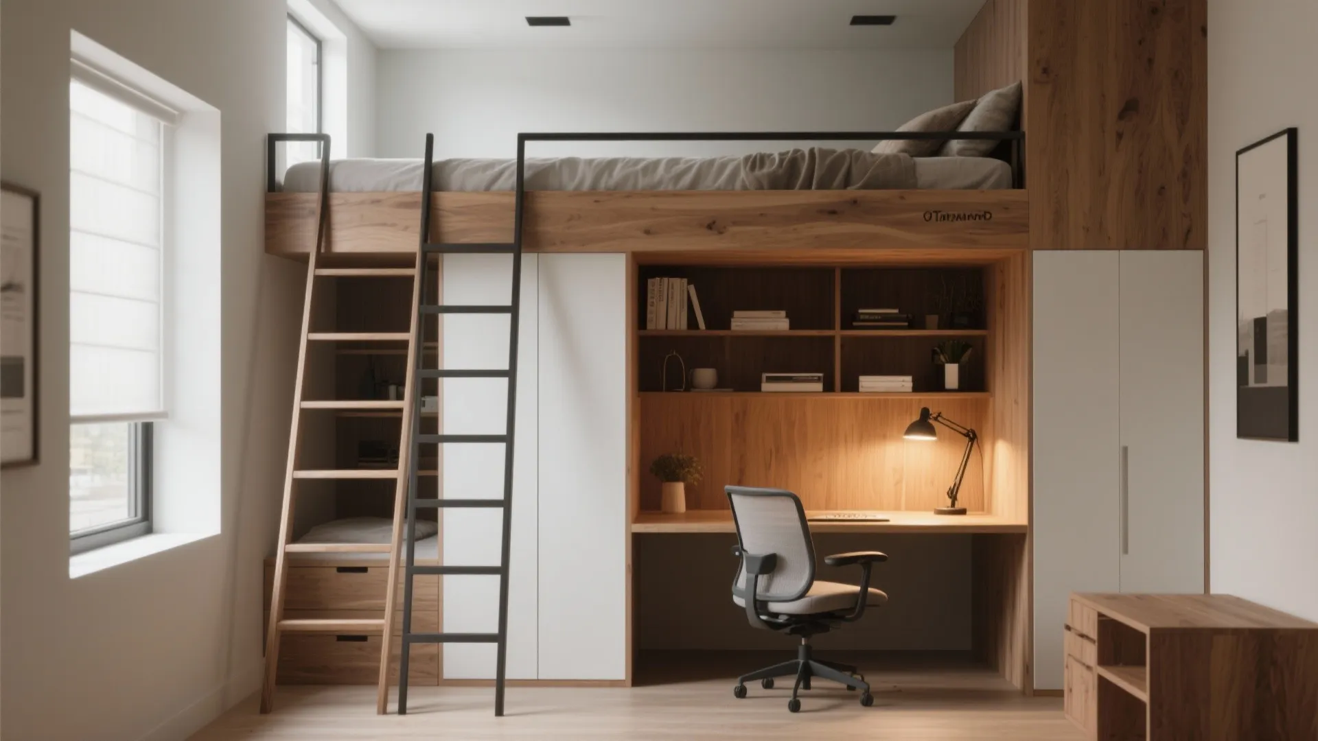 3. Raised loft bed with workspace beneath