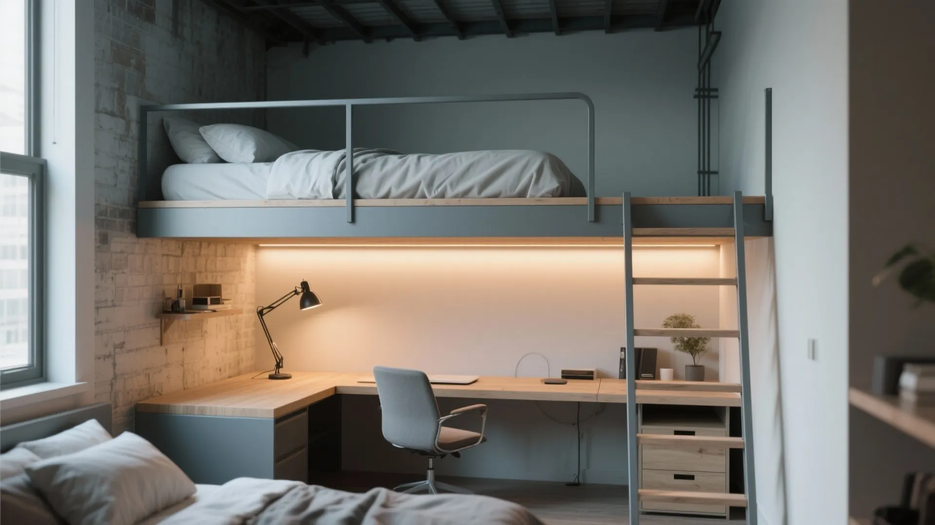 4. Lofted double with a cozy workspace underneath