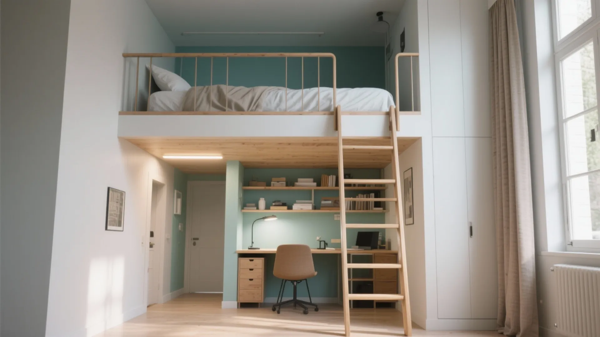 2. Lofted bed with workspace underneath — go vertical