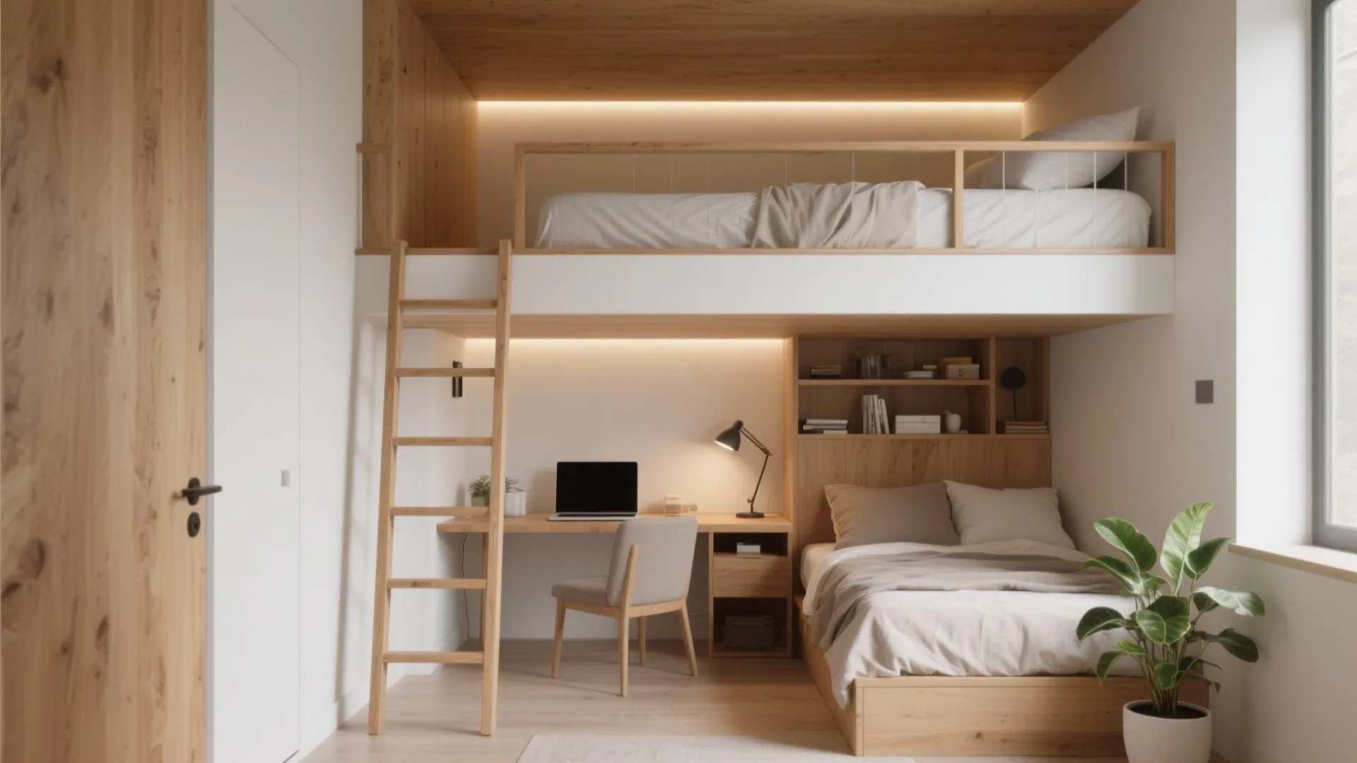 Modern loft bedroom with wooden bunk bed desk area chair ladder indoor plant and warm lighting