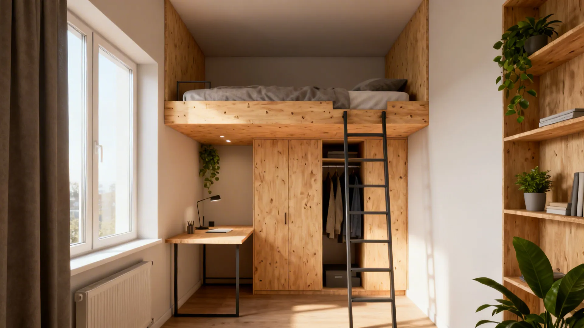 Loft bed with a compact desk and wardrobe underneath in a small studio