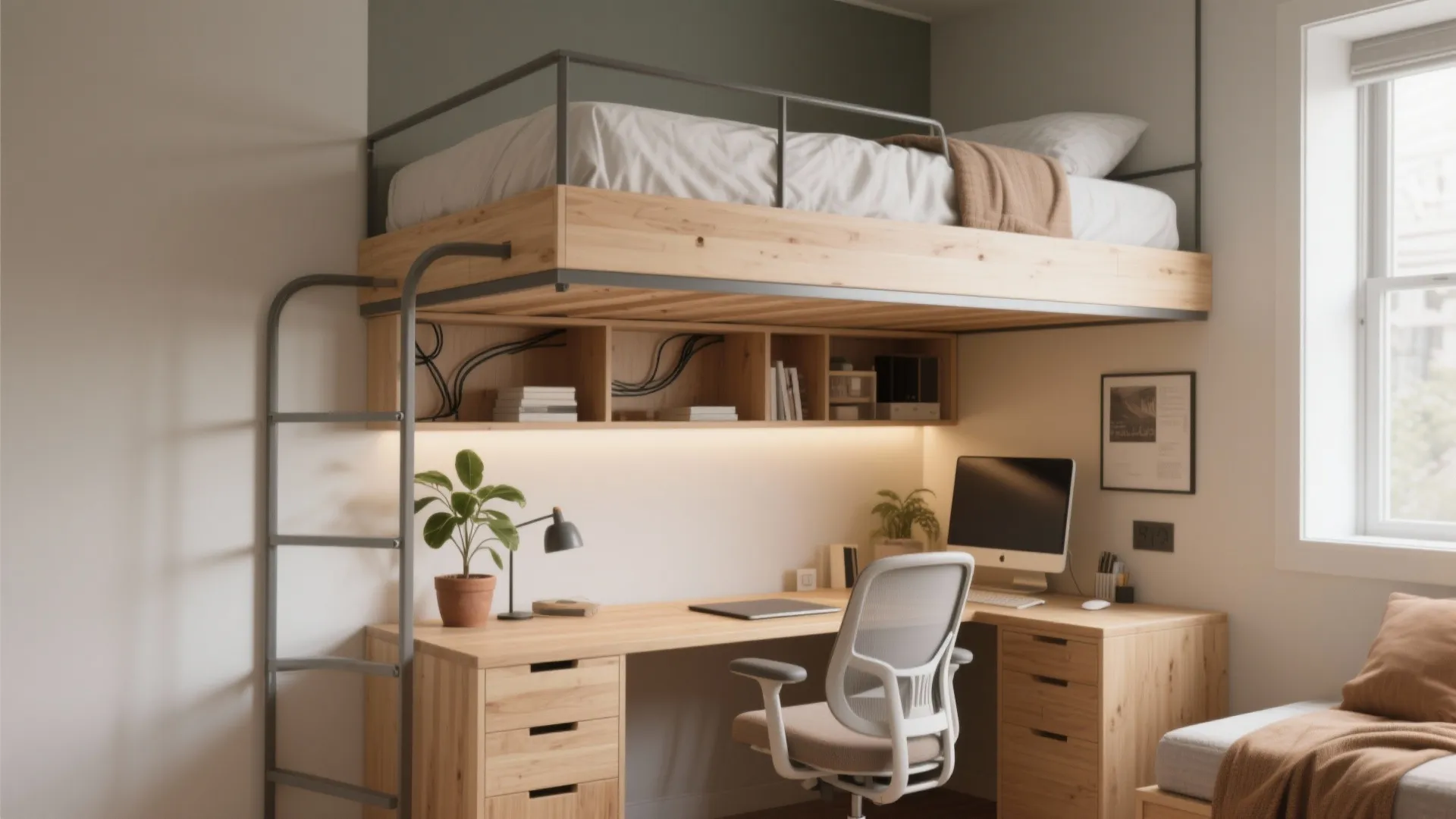 Modern loft bed with wooden desk underneath featuring a white chair computer and potted plant