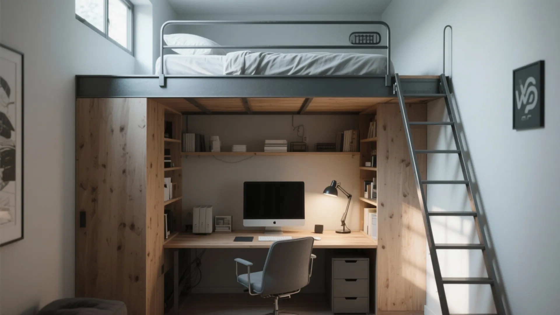 Lofted folding bed above a compact workstation with a ladder, safety rail, and warm wood accents.