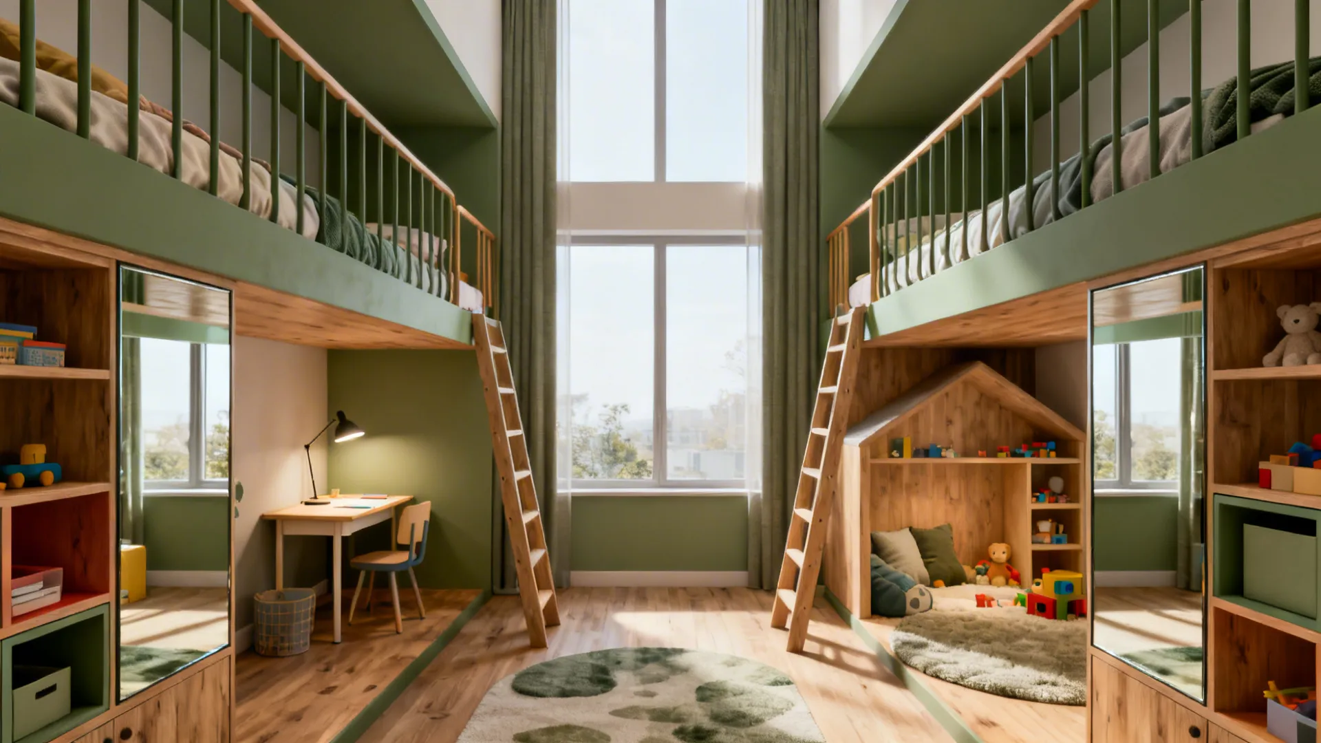 Loft beds creating separate study and play zones beneath each sleeping platform.
