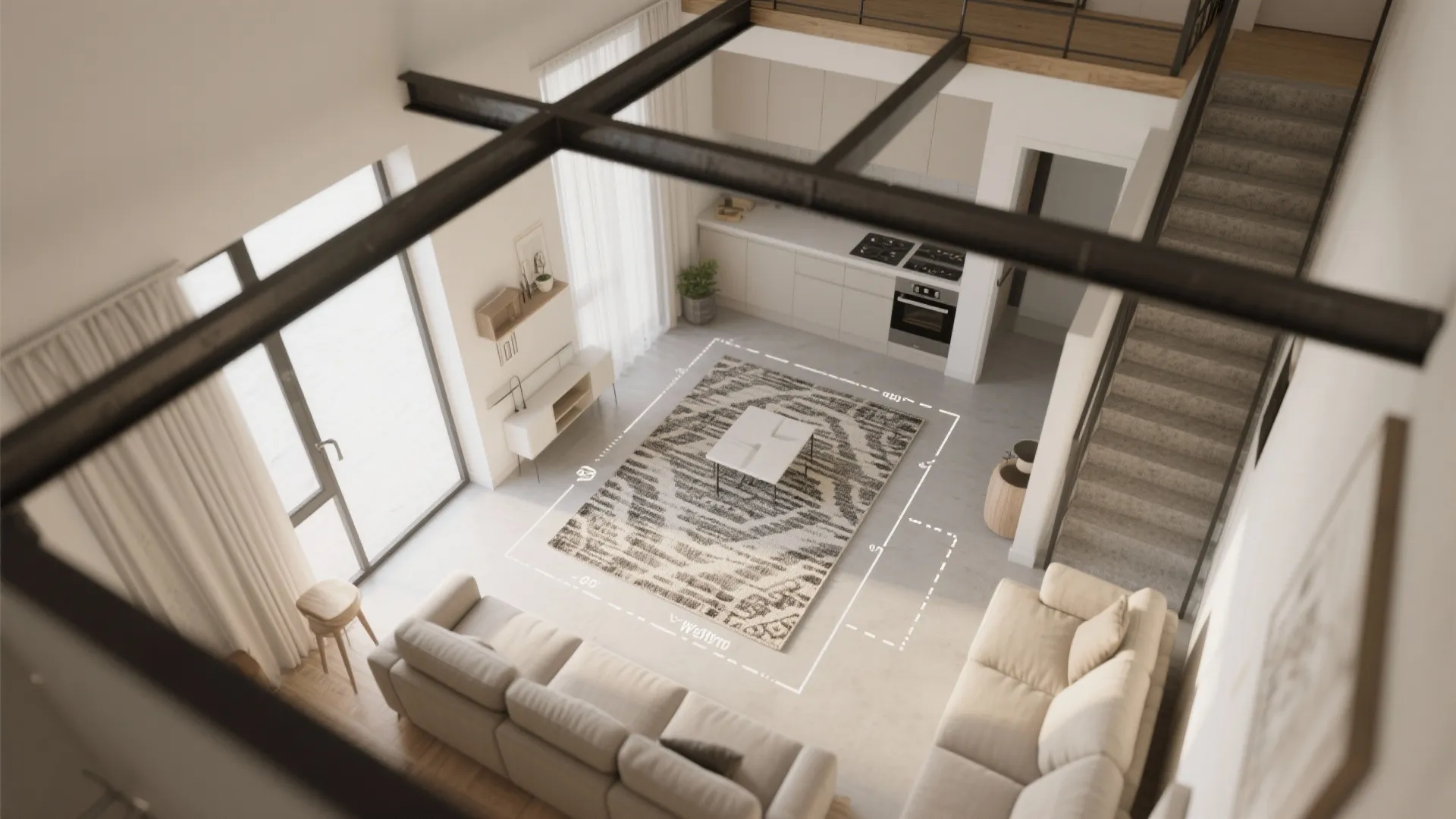 Zone with rugs and a compact, modular sofa