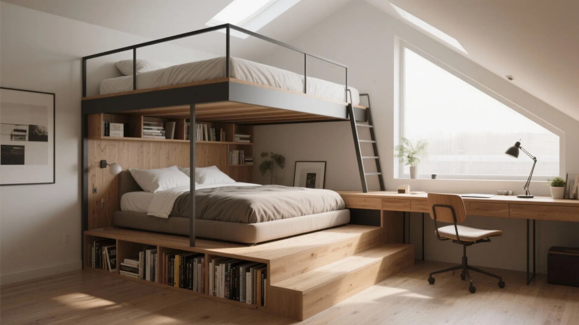 Modern wooden bunk bed with integrated bookshelves desk and ladder in a bright attic room
