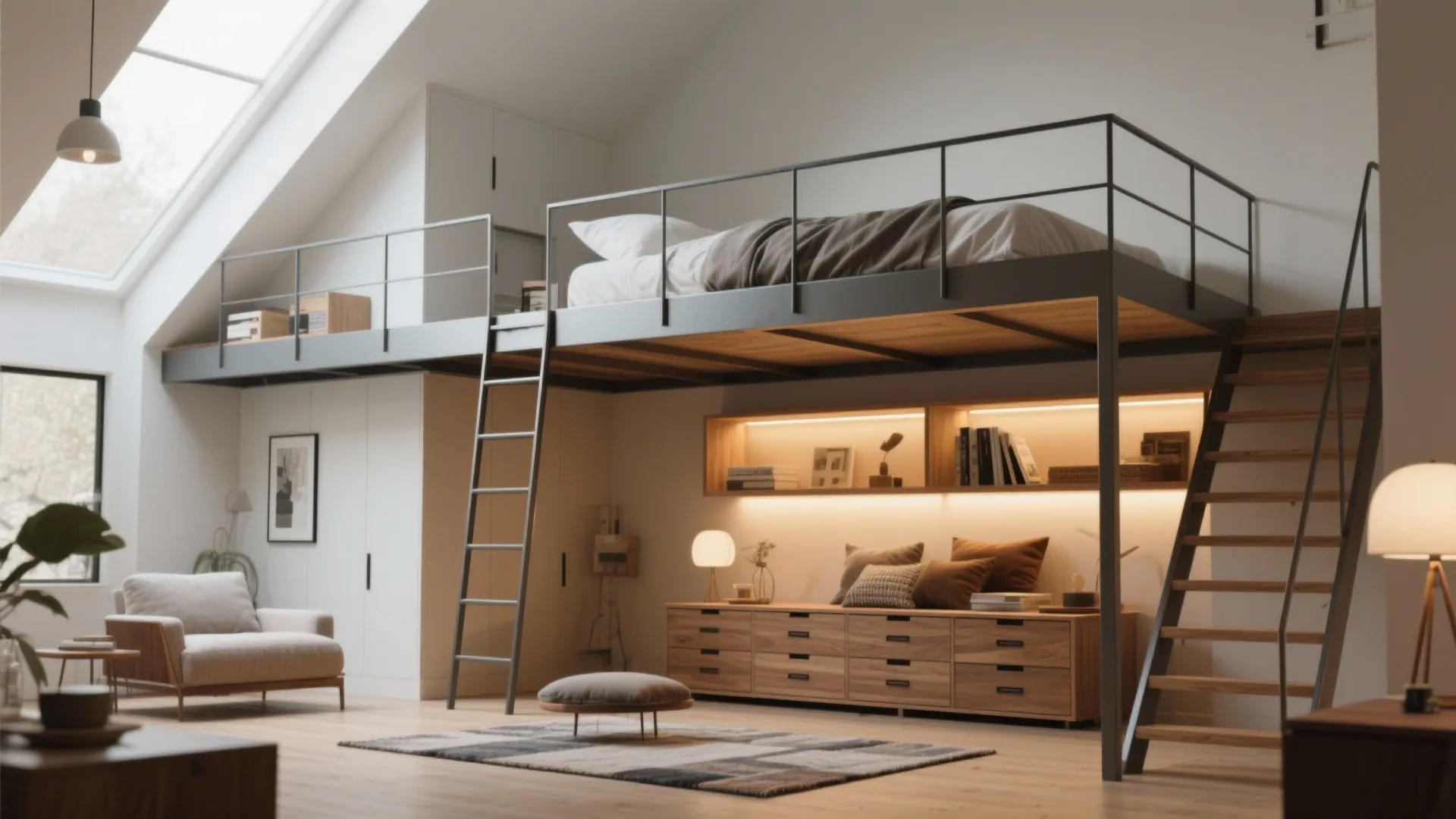 Black metal lofted bed over a sitting area with wooden drawers and a roof window