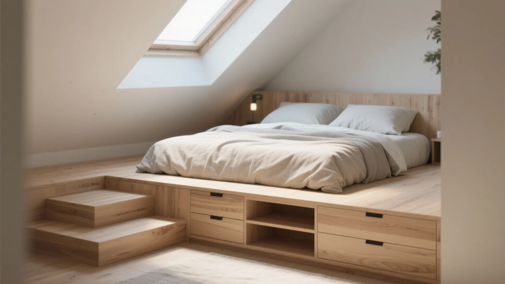 Minimalist attic bedroom featuring a wooden platform bed with storage drawers and a roof window
