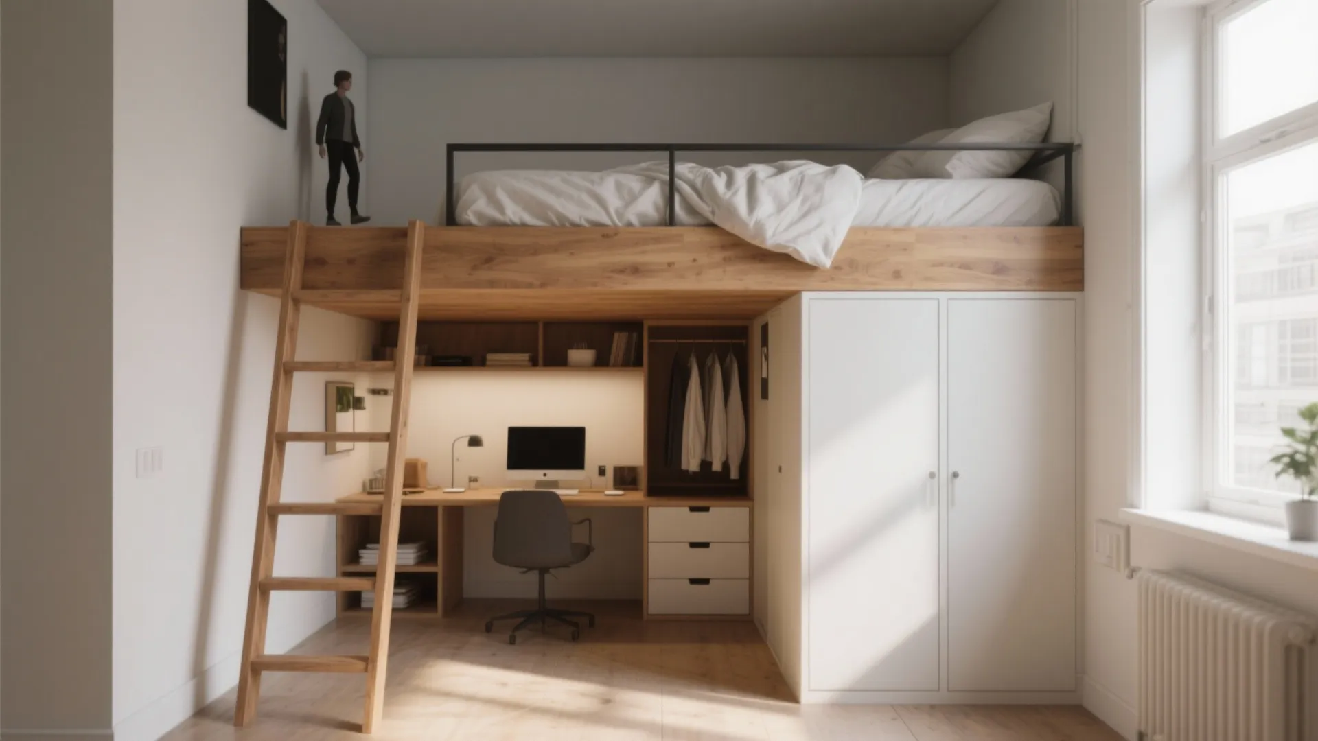 Modern lofted bed with wooden ladder above a home office desk and white storage cabinet