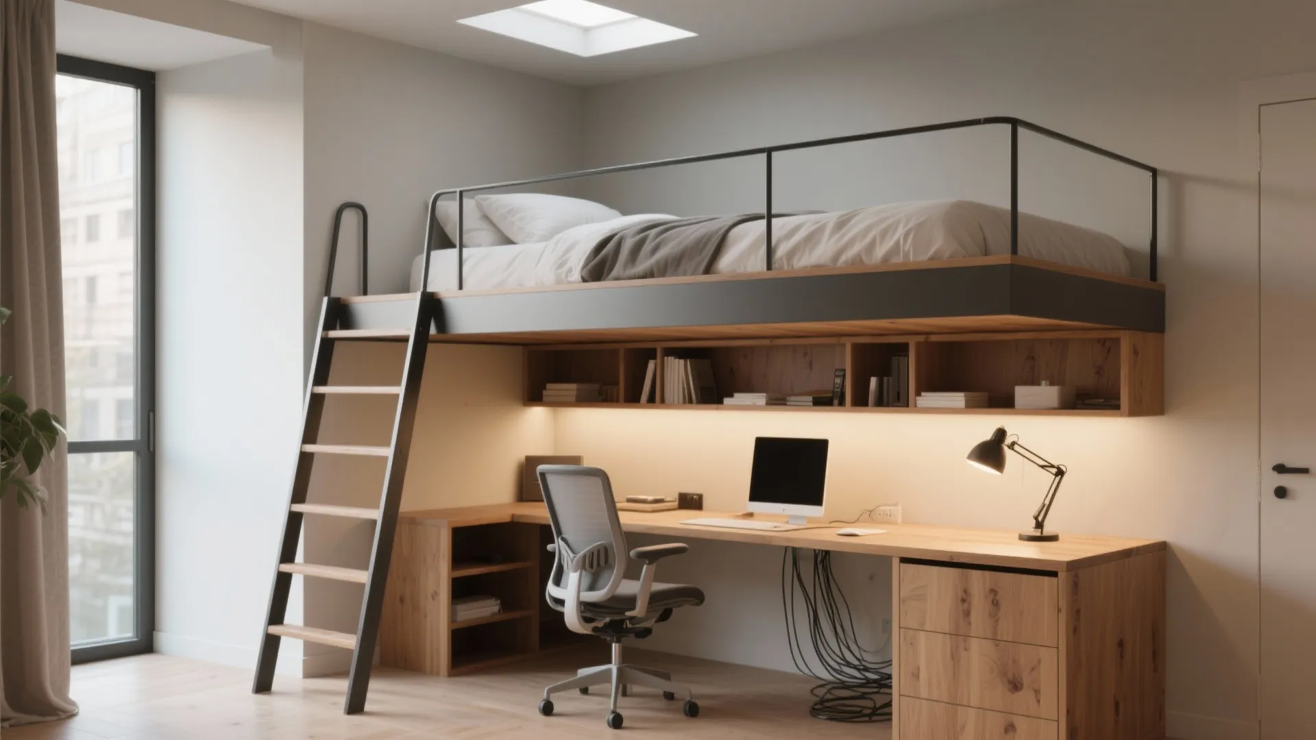 Wooden loft bed with black ladder above a long desk office chair and a roof window