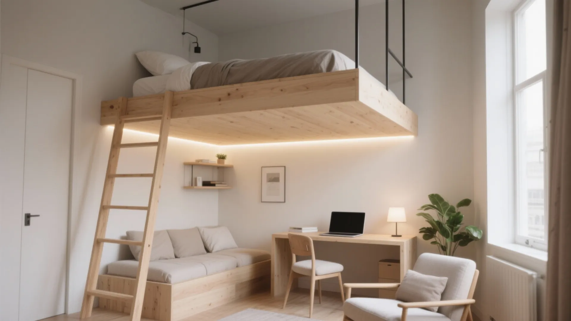 1. Lofted bed with a desk or lounge below